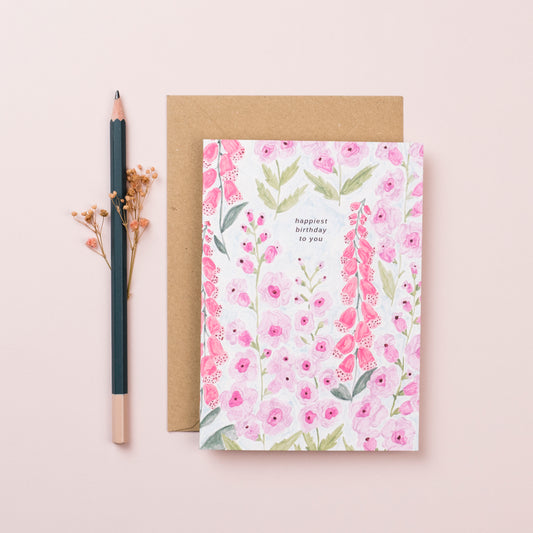 Foxgloves Happy Birthday Greeting Card